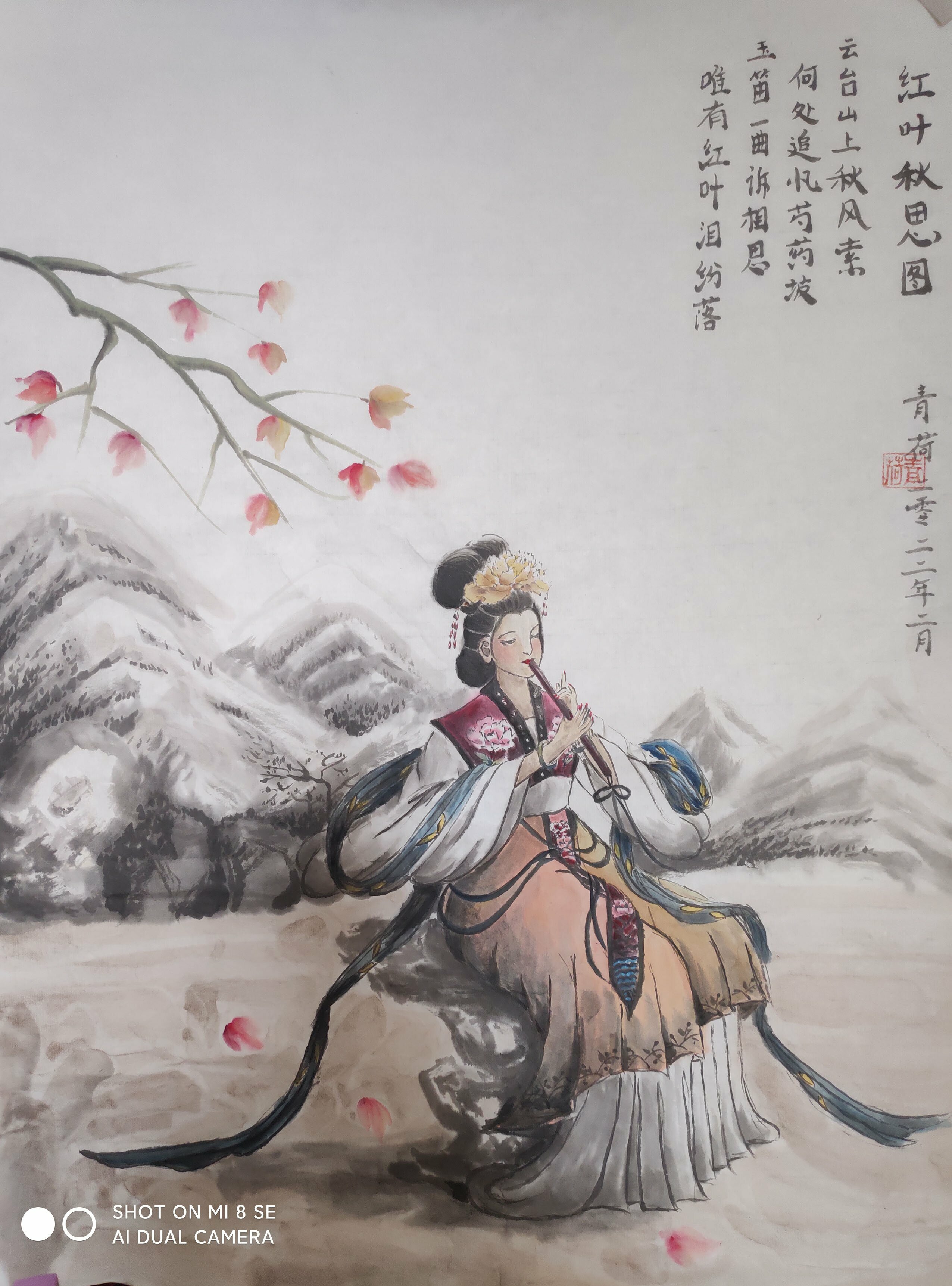 Qinghe Yang; Chinese Painting Lady, 2022, Original Painting Ink, 47 x 73 cm. Artwork description: 241 Complete Hand - painting wich use ink colour  and water on ShengXuan paper. This is an orignal production which the picture and the poem all out of the Author s imgame. This  is special chinese painting that cannot be draft first that must be thinking and drawing at ...