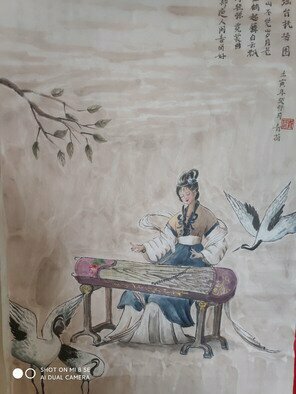 Qinghe Yang; Chinese Painting Lady, 2022, Original Painting Ink, 47 x 67 cm. Artwork description: 241 Complete Hand - painting wich use ink colour  and water on ShengXuan paper. This is an orignal production which the picture and the poem all out of the Author s imgame. This  is special chinese painting that cannot be draft first that must be thinking and drawing at ...