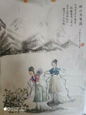 Qinghe Yang; Chinese Painting Lady, 2022, Original Painting Ink, 47 x 65 inches. Artwork description: 241 Complete Hand - painting wich use ink colour  and water on ShengXuan paper. This is an orignal production which the picture and the poem all out of the Author s imgame. This  is special chinese painting that cannot be draft first that must be thinking and drawing at ...