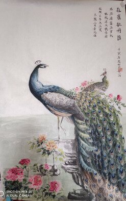 Qinghe Yang; Peacock Chinese Painting, 2022, Original Painting Ink, 59 x 90 cm. Artwork description: 241 Complete Hand - painting wich use ink colourand water on ShengXuan paper. The details is clear that you can see each tail s feather. The ShengXuan paper can be hold more than hundred years if you reseeve it carefully. This is special style chinese painting, you can keep ...