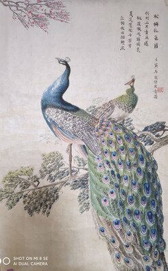 Qinghe Yang; Peacock Chinese Painting, 2022, Original Painting Ink, 58 x 83 cm. Artwork description: 241 Complete Hand - painting wich use ink colourand water on ShengXuan paper. The details is clear that you can see each tail s feather. The ShengXuan paper can be hold more than hundred years if you reseeve it carefully. This is special style chinese painting, you can keep ...