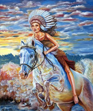 Yelena Rubin; Forever Together , 2013, Original Painting Oil, 20 x 24 inches. Artwork description: 241  An American Indian rides a tan and white mustang across the late summer grassy plains. Off in the distance he sees a distinct pattern of smoke clouds rising above the hills.Every artwork is done using the best grade paints and materials giving you beautiful paintings with ...