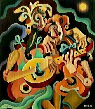 Yosef Reznikov, 'Together On A Mandolin', 2010, original Painting Oil, 80 x 70  x 4 cm. Artwork description: 2793 Geometric abstractionGeometric abstraction, one of the types of abstract art that prefers compositions based on the strict rhythm of geometric or stereo metric figures. Its early versions  partly the Orphism of R. Delaunay and F. Kupka, as well as the Suprematism of KS Malevich and the ...
