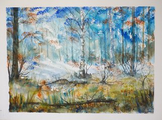 Yulia Schuster, 'Morning In The Forest', 2016, original Watercolor, 32 x 24  cm. Artwork description: 1758 This is one of my original fine art landscape watercolour paintings. Using artistsquality paints and paper. It is signed and dated on the frontlandscape painting season painting watercolor landscape painting watercolor landscape watercolor on paperforestlandscapeorangereflectionseasonaltreewatercolourwoodwoods...