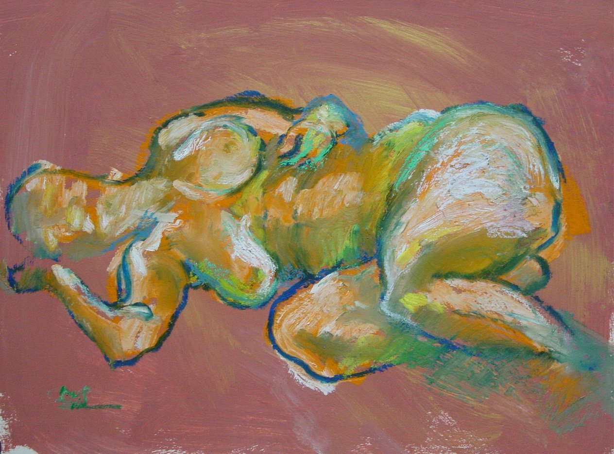 Yuming Zhu; Reclining Beauty, 2006, Original Painting Oil, 17 x 24 inches. Artwork description: 241 Original Oil bar and pastel on board.  Representational, impressionistic and expressive figure.Framed in wood frame. ...
