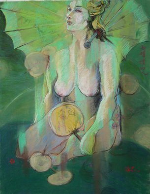 Yuming Zhu; New Madame Butterfly, 2015, Original Pastel, 16 x 22 inches. Artwork description: 241 Puchinni ever dreamedto compose this Madame in Spring timeColor and new twisted concept chanllenging my mind to painting umbrella and Japanese motifs.  Shipped with mat and frame , but no glass for safety. ...