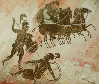 Yuri Vasiliev; Battle Of Achilles And Hector, 2012, Original Painting Oil, 120 x 100 cm. Artwork description: 241 Battle, Achilles, Hector, Troy, history, ancient Greece, horses, gold...