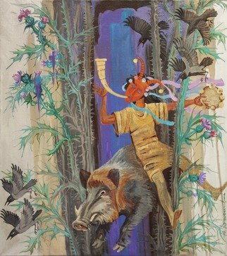 Yuri Vasiliev; Carnival, 2016, Original Painting Oil, 97 x 87 cm. Artwork description: 241 Carnival ethniic animals birds flouers blue gras...