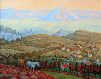 Yuri Vasiliev; Fog In The Mountains, 2008, Original Painting Oil, 102 x 80 cm. Artwork description: 241 Fog, mountains, landscape, horses, sunlight, Spanish...