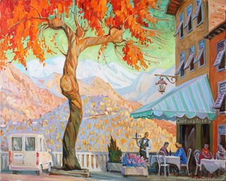 Yuri Vasiliev; СAfe In Berre Les Alpes, 2009, Original Painting Oil, 100 x 90 cm. Artwork description: 241 landscape, cafe, Berre les Alpes, Provence, autumn,  sunlight...