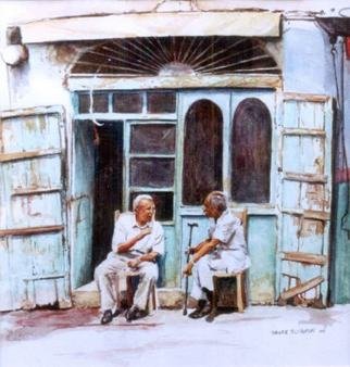 Zaher Bizri; Conversation, 2001, Original Watercolor, 30 x 33 cm. Artwork description: 241  Hard conversation between aged Sidonian, in the old city of Saida. ...