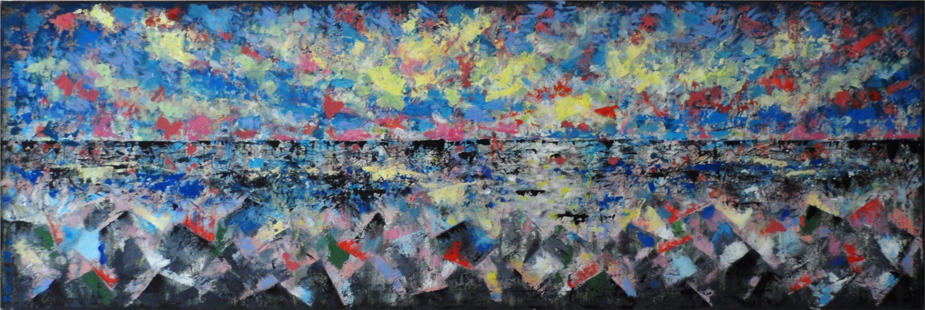 Zaure Kadyke; Defense Of The Mediterranean, 2018, Original Painting Oil, 120 x 40 cm. Artwork description: 241 pink sea sky blue sunset water breakwater yellow clouds blak horizon oceanframed extra charge.used standard ready primed organic cotton stretched on a frame.you can pay by Paypal...