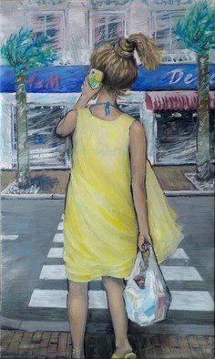Zaure Kadyke; Gerls 2018n2, 2018, Original Painting Oil, 36 x 60 cm. Artwork description: 241 summer vacation woman yellow plastic bag cellphone city crosswalk attractive back mobile modernframed extra charge.used standard ready primed organic cotton.you can pay by Paypal...