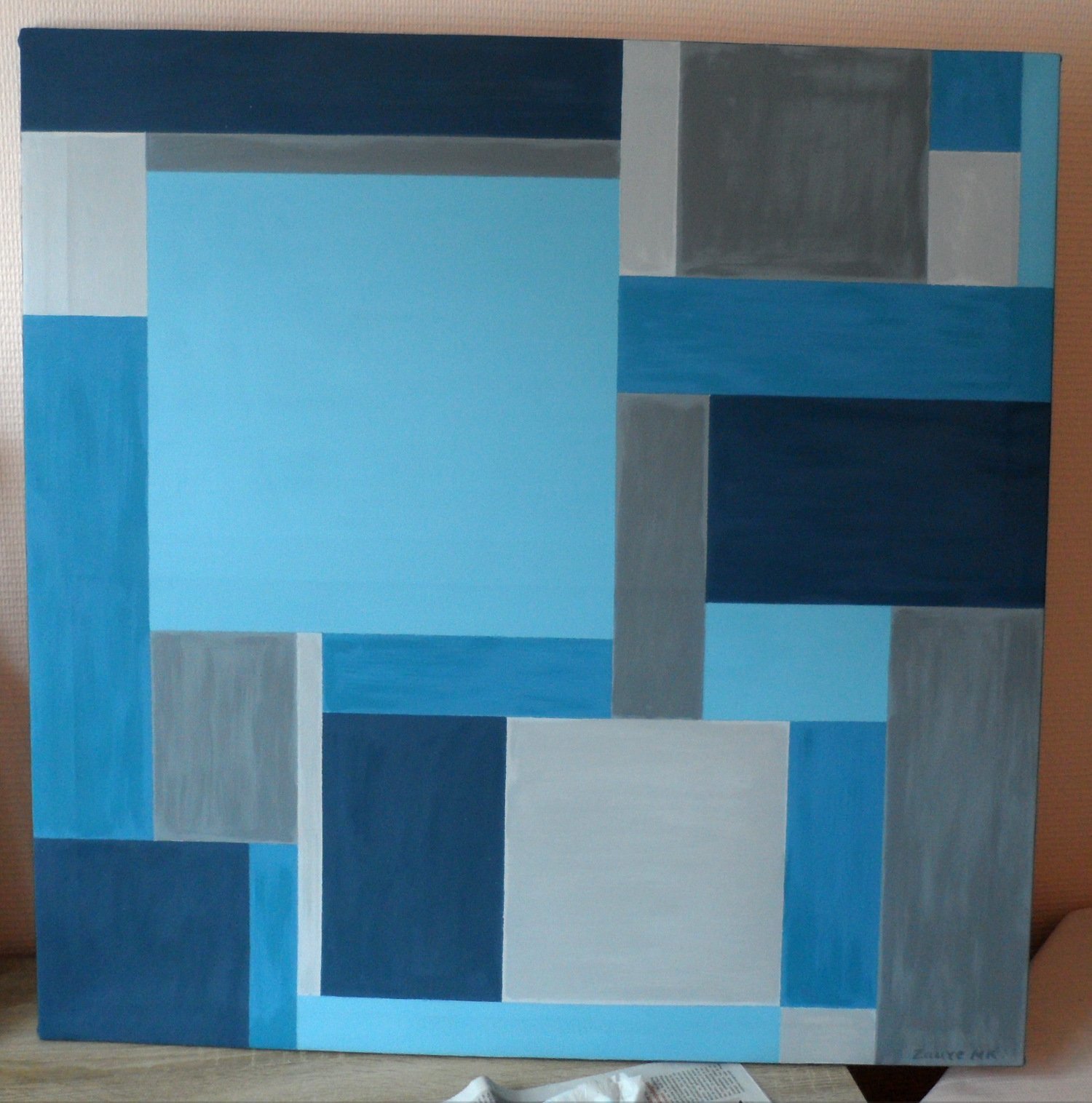 Zaure Kadyke; Nederlands Sky, 2019, Original Painting Oil, 80 x 80 cm. Artwork description: 241 shades blue square stripes grayframed extra charge.used standard ready primed organic cotton.you can pay by Paypal...