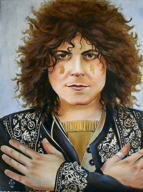 Marsha Bowers, 'Marc Bolan Portrait', 2010, original Painting Oil, 18 x 24  inches. Artwork description: 2307  Portrait of Marc Bolan of T RexOil on Panel with Gold Leaf applied on cheeks as glitter( the artist often times applied glitter to his cheeks)       ...