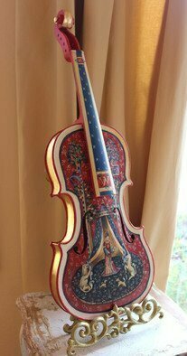 Marsha Bowers, 'Painted Violin', 2015, original Painting Other, 6.5 x 23  x 1.5 inches. Artwork description: 1911  Hand Painted and gilded Violin.Title- Unicorn and lady. CommissionPainted with artist oil and inspired from the Unicorn tapestries                 ...