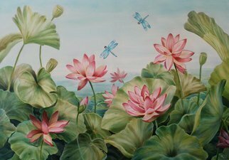 Marsha Bowers; Dragonflies, 2021, Original Painting Oil, 48 x 36 inches. Artwork description: 241 This painting was inspired not only from nature but also using the colors of greens to blue greens and pinks from the flowers. This is a large scale painting in oil and on canvas. ...