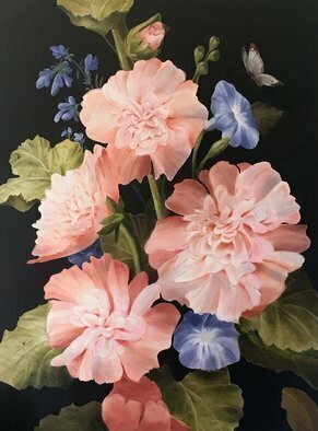 Marsha Bowers; Hollyhocks, 2019, Original Painting Oil, 36 x 48 inches. Artwork description: 241 Large scale floral painting consisting of hollyhocks and morning glories. Executed almost entirely with glazes. ...