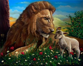 Marco Antonio Zeledon Truque; PROPHECY 2, 2012, Original Painting Oil, 60 x 50 cm. Artwork description: 241   THE LION WITH LAMB graze, when Jesus rules EARTH     ...