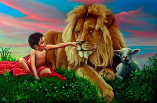 Marco Antonio Zeledon Truque; PROPHECY 3, 2012, Original Painting Oil, 90 x 60 cm. Artwork description: 241  THE LION WITH LAMB graze, and a child shall lead them, when Jesus rules EARTH    ...