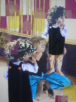 Zoraida Haibi Figuera; Mother And Children, 2007, Original Mixed Media, 30 x 40 inches. Artwork description: 241 A mother and her twin daughters sharing a moment; acrylic paints, fabric, charcoal, tissue paper, dried leaves...
