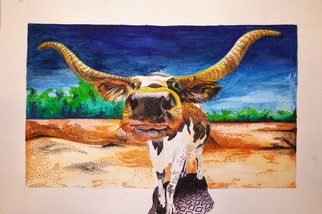 Zoraida Haibi Figuera; Longhorn Bull, 2018, Original Watercolor, 18 x 12 inches. Artwork description: 241 Inktense washes, inktense pencils with invented textures on watercolor paper...