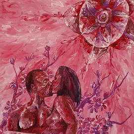 Aarron Laidig: 'cherry blossom moon', 2019 Acrylic Painting, Romance. Artist Description: Cherry Blossom Moon is a 16  wide x 20  high painting on stretched canvas depicting love and romance in an erotic manner. The canvas is 5 8 in depth. Sides are painted.  ...