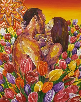 Aarron Laidig: 'many colored tulips', 2019 Oil Painting, Romance. Many colored tulips acrylic on canvas measuring 16  wide x 20: high romantic themed painting by contemporary artist Aarron Laidig -Keywords = tulips, tulip, lovers, sweet love, beautiful love, romantic, romantic lovers, romance, pretty love, erotic lovers, erotic love, amorous, intimate, passionate, erotic artists, soul mates, twin flame lovers, contemporary erotic ...