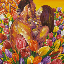 Aarron Laidig: 'many colored tulips', 2019 Oil Painting, Romance. Artist Description: Many colored tulips acrylic on canvas measuring 16  wide x 20: high romantic themed painting by contemporary artist Aarron Laidig -Keywords = tulips, tulip, lovers, sweet love, beautiful love, romantic, romantic lovers, romance, pretty love, erotic lovers, erotic love, amorous, intimate, passionate, erotic artists, soul mates, twin flame lovers, ...