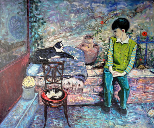 Alaattin Bender  'Boy Next To A Cat', created in 2012, Original Painting Oil.