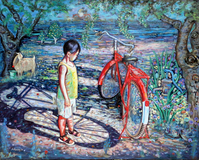 Artist Alaattin Bender. 'Boy With E Red Bicycle' Artwork Image, Created in 2014, Original Painting Oil. #art #artist