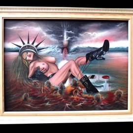 Bryan Kemila: 'mene mene tekel upharsin', 2016 Acrylic Painting, Erotic. Artist Description: The demons and dragons of the modern world.  With there erect penises they play with the crowned goddess.  A bomb like penis is coming down from the sky to impregnate this bitch.  The waves of the water carry the sperm to the goddess.  The scales of justice sit ...