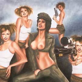 Bryan Kemila: 'snarl troop', 2004 Acrylic Painting, Erotic. Artist Description: SNARL Troop - acrylicYes, its all about the guns.SNARL - Sacred Nympho Androids Restoring LibertyYes, kind of corny, as is the obsession with banning guns.The Elvis curled lip is standard issue for these troops.Prints Available In Studio or Online nowLithograph Art Cards - 4x 6 - 8. ...