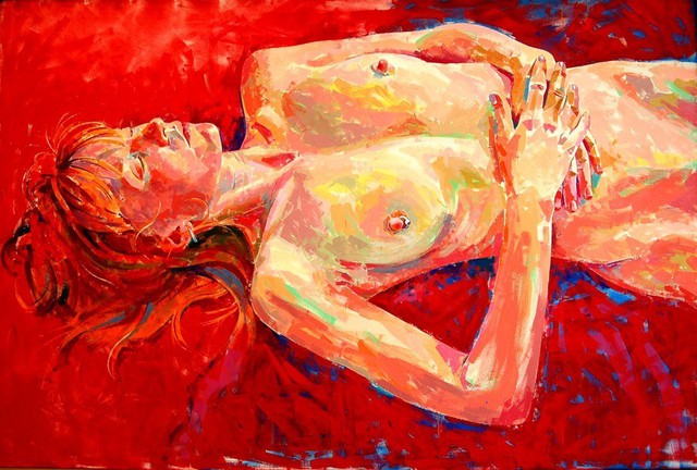 Artist Lawrence Buttigieg. 'Nude XXVIII Nude Lying On Red Background' Artwork Image, Created in 2007, Original Watercolor. #art #artist