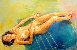 Lawrence Buttigieg: 'Nude lying down on yellow and blue background', 2007 Oil Painting, nudes. 