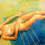 Nude lying down on yellow and blue background By Lawrence Buttigieg