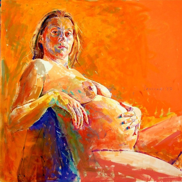 Artist Lawrence Buttigieg. 'Nude Of Pregnant Girl Against Orange Background' Artwork Image, Created in 2007, Original Watercolor. #art #artist