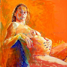 Lawrence Buttigieg: 'Nude of pregnant girl against orange background', 2007 Oil Painting, nudes. 