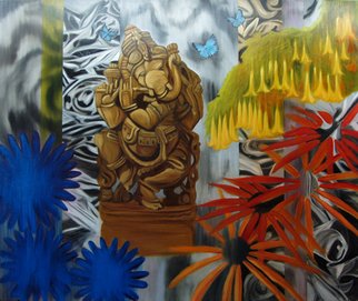 Anne Bradford: 'Ganesha Dancing', 2009 Oil Painting, Hindu. Hindu God of success, joyful, gentle, wise, elephant- headed, dancing, garden...
