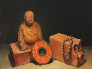 Angel Cruz: 'SL w Wooden Buddha n Prayer Beads', 2015 Oil Painting, Representational. Wooden Buddha statuette, Buddhist prayer beads and Taoist Pa Kua Octagon.  Oil painting on wood panel Unframed ...