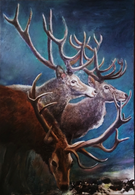 Artist Sylva Zalmanson. 'Reindeers' Artwork Image, Created in 2016, Original Mixed Media. #art #artist