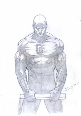 Addi Rujoh: 'daredevil in pencil drawing', 2021 Pencil Drawing, Comics. Pencil drawing of Daredevil, holding his trusty staff and looking down in the shades. Draw on Bristol Doard. ...