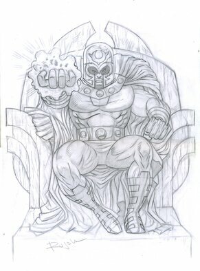Addi Rujoh: 'magneto sits on throne', 2023 Pencil Drawing, Comics. The maniacal Magneto sits on his throne, with a an energy surging through his stretched hand. Pencil drawing on Bristol Board. ...