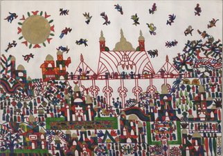 Adib Fattal: 'a picnic under a bridge', 2019 Pencil Drawing, Naive. naive art bridge in a colorful perspective. ...