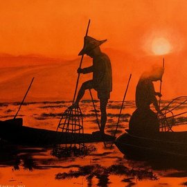 Althea E Jenkins: 'shadows of a sunset', 2017 Acrylic Painting, Landscape. Artist Description: Asian fishermen at sunset...