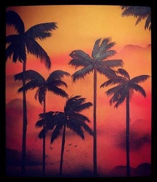 Aestheete Studio: 'sunset on the beach', 2017 Acrylic Painting, Scenic.  The sun fell asleep, shielded behind the clouds in the sky.  with the leaves of the palm moving in the flow of breeze and The trees were strong like black soldiers, standing in an unmoving row.  made by artist on the canvas sheet unstretched with acrylic paint as basic medium...