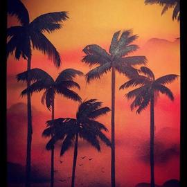 Aestheete Studio: 'sunset on the beach', 2017 Acrylic Painting, Scenic. Artist Description:  The sun fell asleep, shielded behind the clouds in the sky.  with the leaves of the palm moving in the flow of breeze and The trees were strong like black soldiers, standing in an unmoving row.  made by artist on the canvas sheet unstretched with acrylic paint as ...