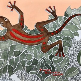 Armando Flores Guerrero: 'red striped lizard', 2021 Acrylic Painting, Animals. Artist Description: A lizard with red stripes on its back, walking on a floor covered with leaves and small stones. ...