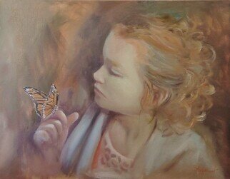 Ageliki Alexandridou: 'detecting beauty', 2022 Oil Painting, Children. A beautiful little girl watches carefully a butterfly on her hand. New life, rebirth, nothing is a random choice at this composition. Earth tones emphasize the timelessness of a theme connected to nature and the cycle of life.The artwork travels rolled in a tube but you have the option ...