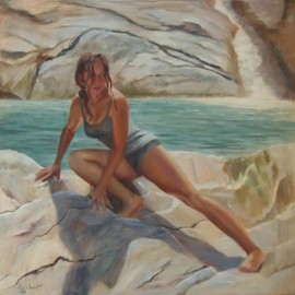 Ageliki Alexandridou: 'never again by ageliki', 2018 Oil Painting, Activism. Artist Description: A young woman moves resolutely in one direction looking behind her.  The surrounding area suggests constant movement, as for this purpose the artist uses moving water and a waterfall.  The womans body, her movement and her line show her intensity and her effort to escape, to move forward.  ...